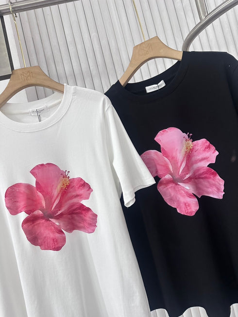 Solid Color Flower Print T-shirts